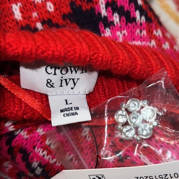Crown & Ivy women’s size large red plaid pullover sweater rhinestone shoulders - Picture 5 of 11